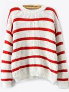Romwe Long Sleeve Striped White Sweater