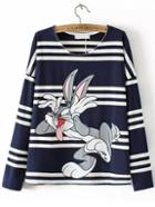 Romwe Rabbit Print Striped Navy T-shirt