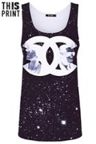 Romwe This Is Print Double C Black Galaxy Vest