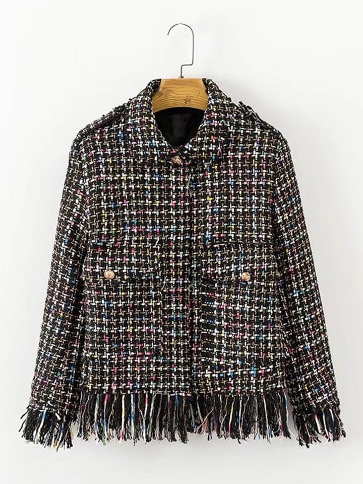 Romwe Fringe Hem Tweed Plaid Jacket
