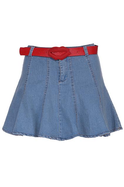 Romwe Belted Blue Denim Skater Skirt