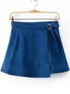 Romwe Blue Buckle Denim Skirt