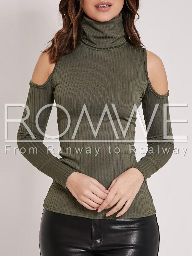 Romwe Army Green Off The Shoulder High Neck Rib T-shirt