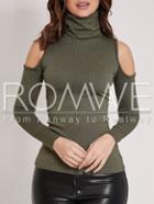 Romwe Army Green Off The Shoulder High Neck Rib T-shirt