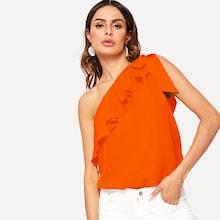 Romwe Neon Orange Tie Shoulder Foldover Front Top