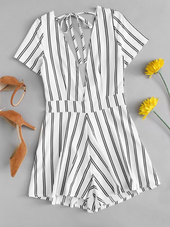Romwe Deep V Neckline Striped Tie Back Romper