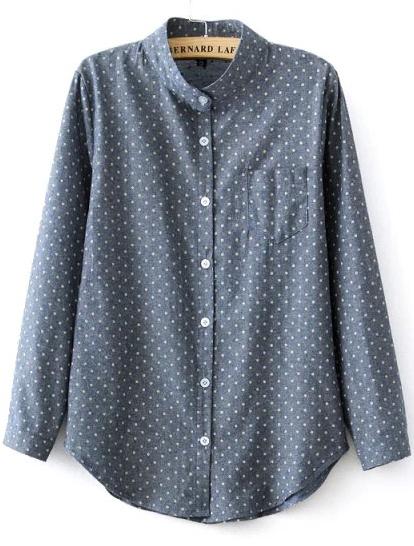 Romwe Blue Stand Collar Polka Dot Pocket Blouse