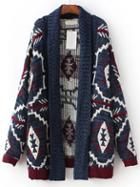 Romwe Blue Tribal Print Open Front Sweater Coat