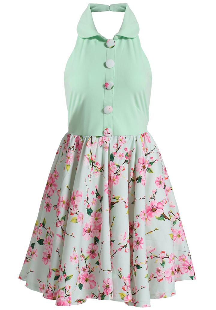 Romwe Halter Backless With Buttons Florals Dress