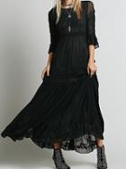 Romwe Bell Sleeve Embroidered Maxi Black Dress