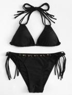 Romwe Beaded Detail Strappy Bikini Set
