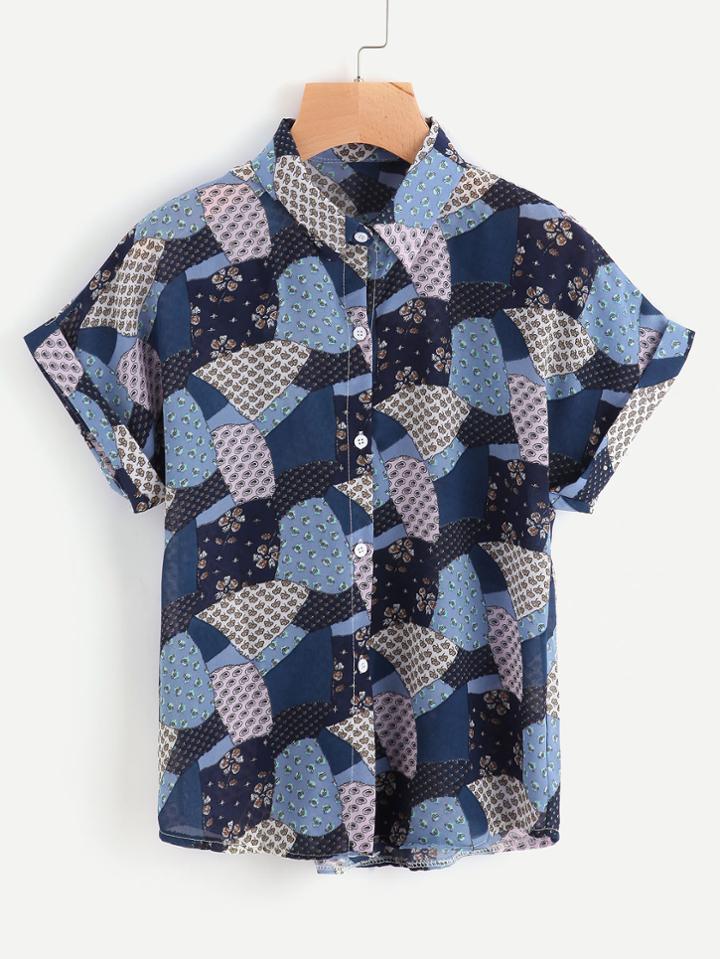 Romwe Patchwork Cuffed Shirt