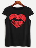 Romwe Red Lips Print Cap Sleeve Black T-shirt