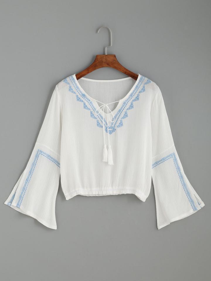 Romwe White Embroidered Tie Neck Slit Bell Sleeve Blouse