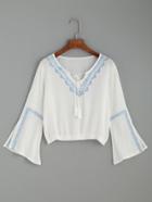 Romwe White Embroidered Tie Neck Slit Bell Sleeve Blouse
