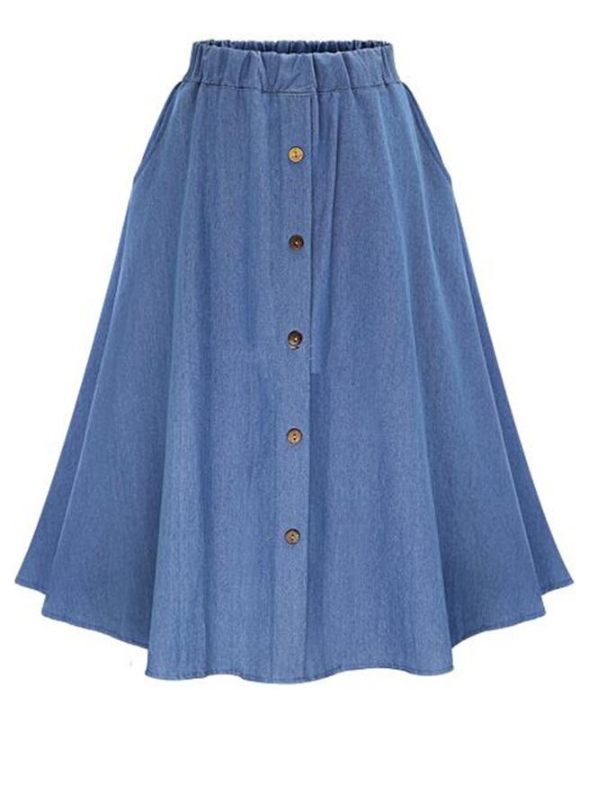 Romwe Elastic Waist Denim Flare Skirt With Buttons