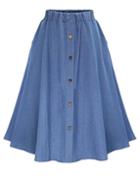 Romwe Elastic Waist Denim Flare Skirt With Buttons