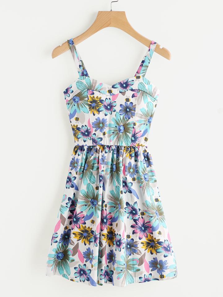 Romwe Chrysanthemum Print Pleated Cami Dress