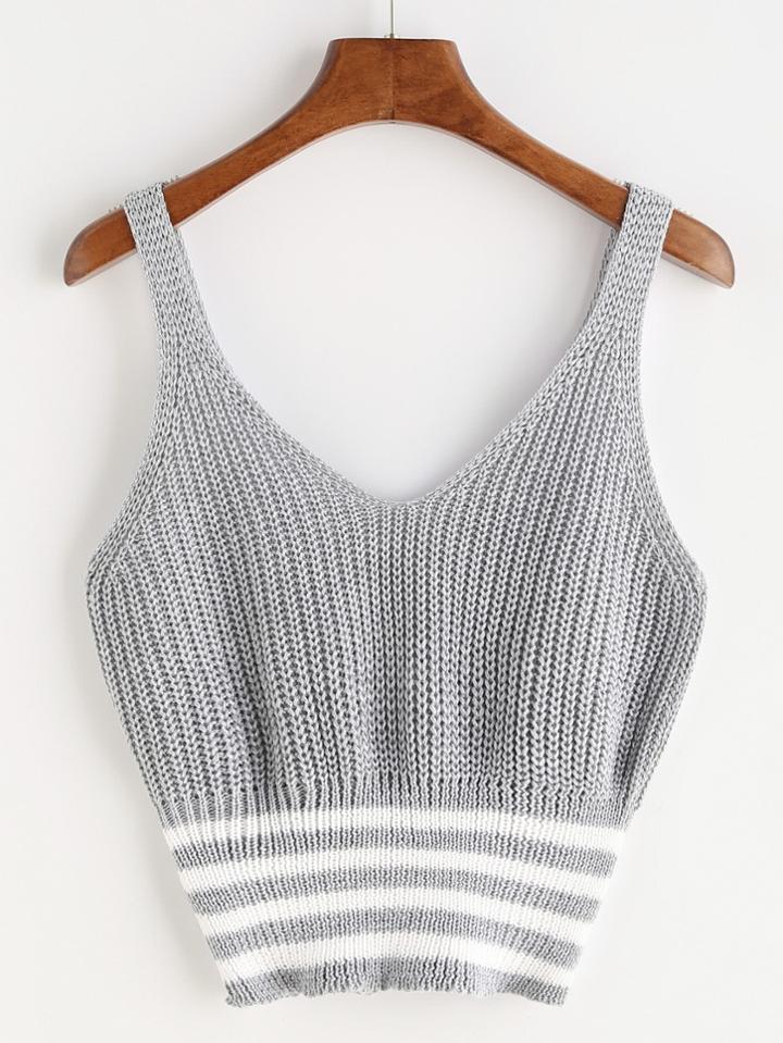Romwe Marled Knit Double V Neck Striped Hem Tank Top