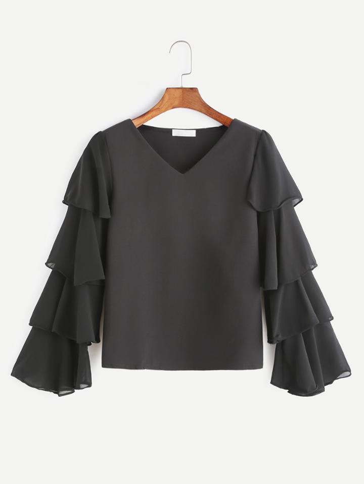 Romwe Black V Neck Tiered Bell Sleeve Chiffon Blouse
