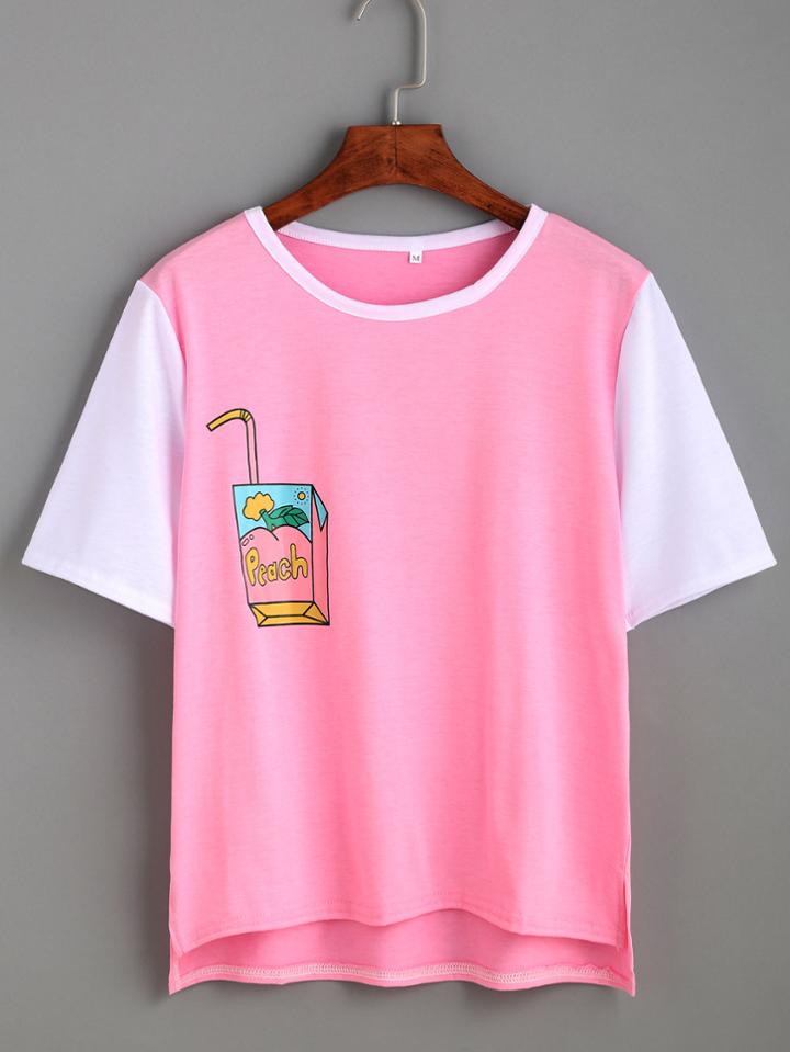 Romwe Pink Print Contrast Trim Dip Hem T-shirt