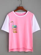 Romwe Pink Print Contrast Trim Dip Hem T-shirt
