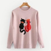 Romwe Pearl Beaded Cat Pattern Jumper