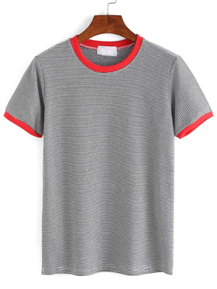 Romwe Grey Contrast Striped T-shirt