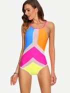 Romwe Mesh Insert Color Block Crisscross One-piece Swimwear