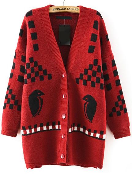 Romwe Bird Geometric Print Buttons Red Cardigan