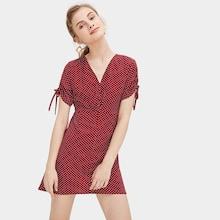 Romwe Polka Dot Drawstring Sleeve Button Front Dress