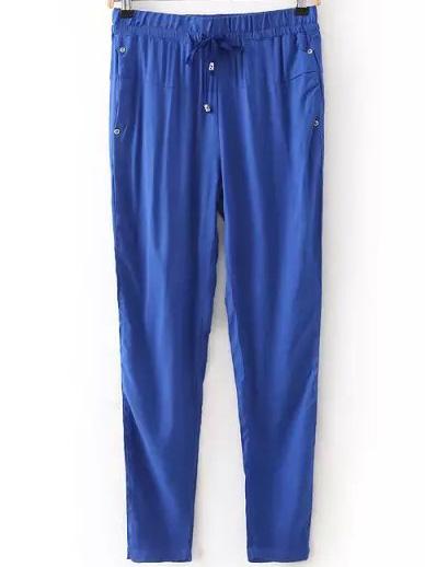Romwe Draw Cord Waist Studded Royal Blue Pant