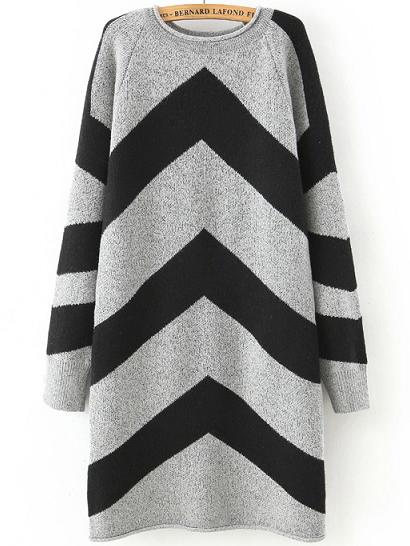 Romwe Crew Neck Zig Straight Grey Dress