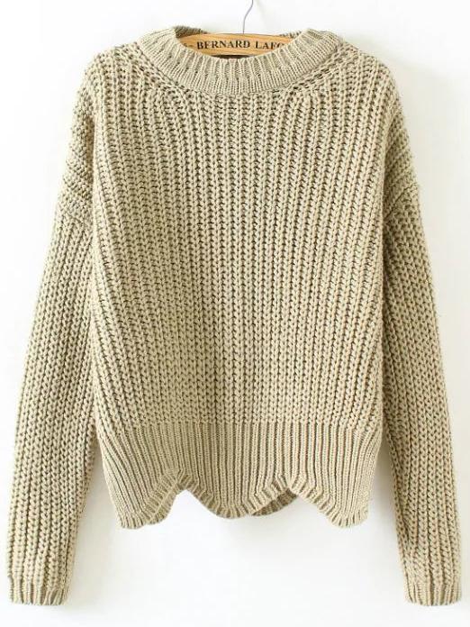 Romwe Light Green Crew Neck Scalloped Hem Sweater