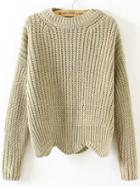 Romwe Light Green Crew Neck Scalloped Hem Sweater