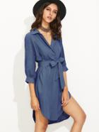 Romwe Blue Self Tie High Low Curved Hem Shirt Dress