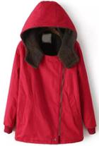 Romwe Hooded Zip Red Coat