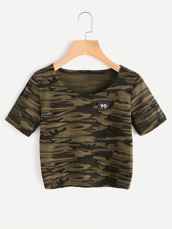 Romwe Camo Print Patch Crop Tee