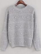 Romwe Grey Drop Shoulder Beaded Sweater