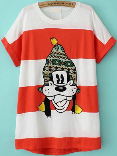 Romwe Cartoon Dog Print Orange And White T-shirt