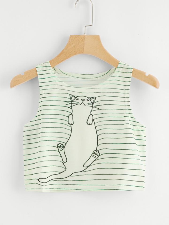 Romwe Cat Print Striped Crop Top