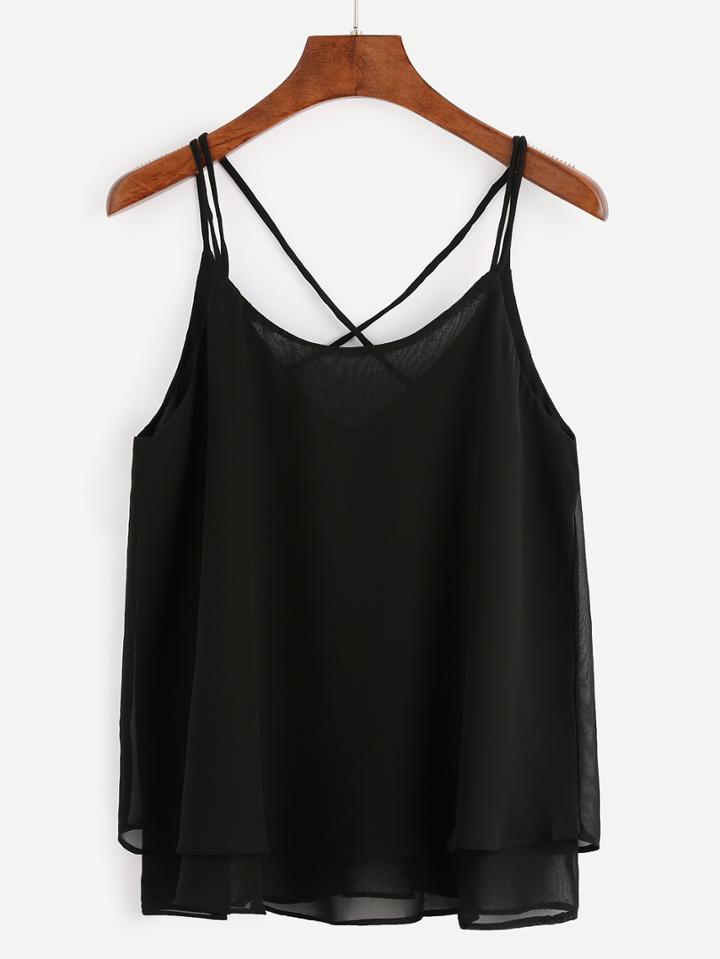 Romwe Black Criss Cross Back Layers Chiffon Cami Top