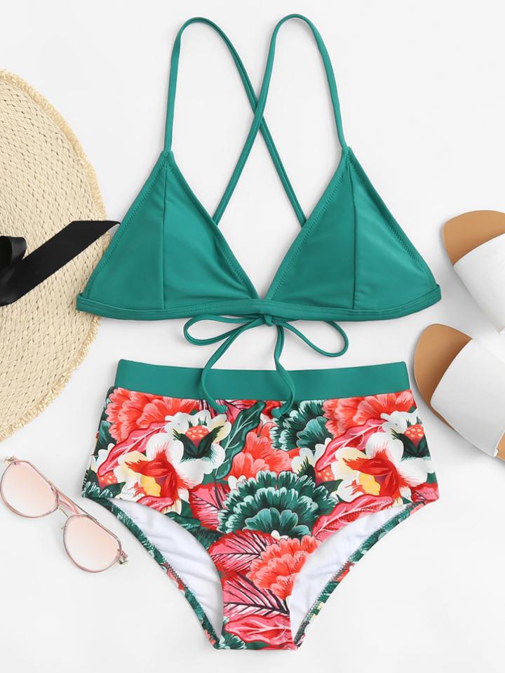 Romwe Tie Back Flower Print Bikini Set