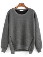 Romwe Round Neck Zipper Grey Sweatshirt