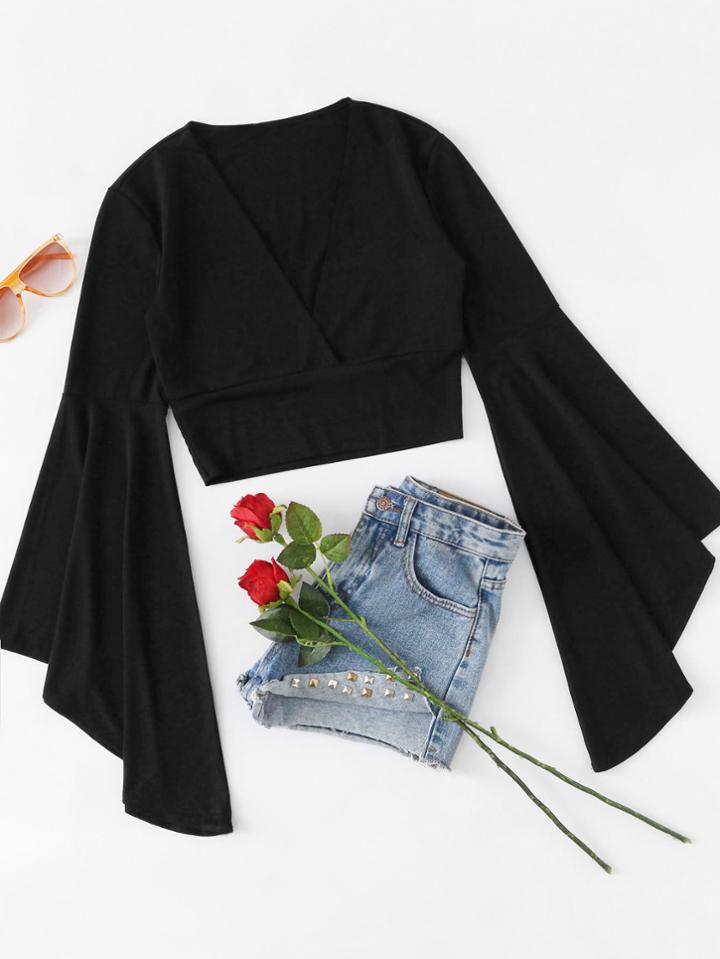 Romwe Fluted Sleeve Surplice Tee
