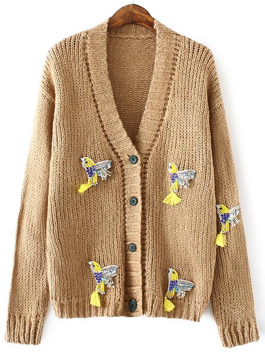 Romwe Khaki Drop Shoulder Birds Beading Sweater Coat