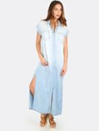 Romwe Blue Cap Sleeve Button Pocket Denim Dress