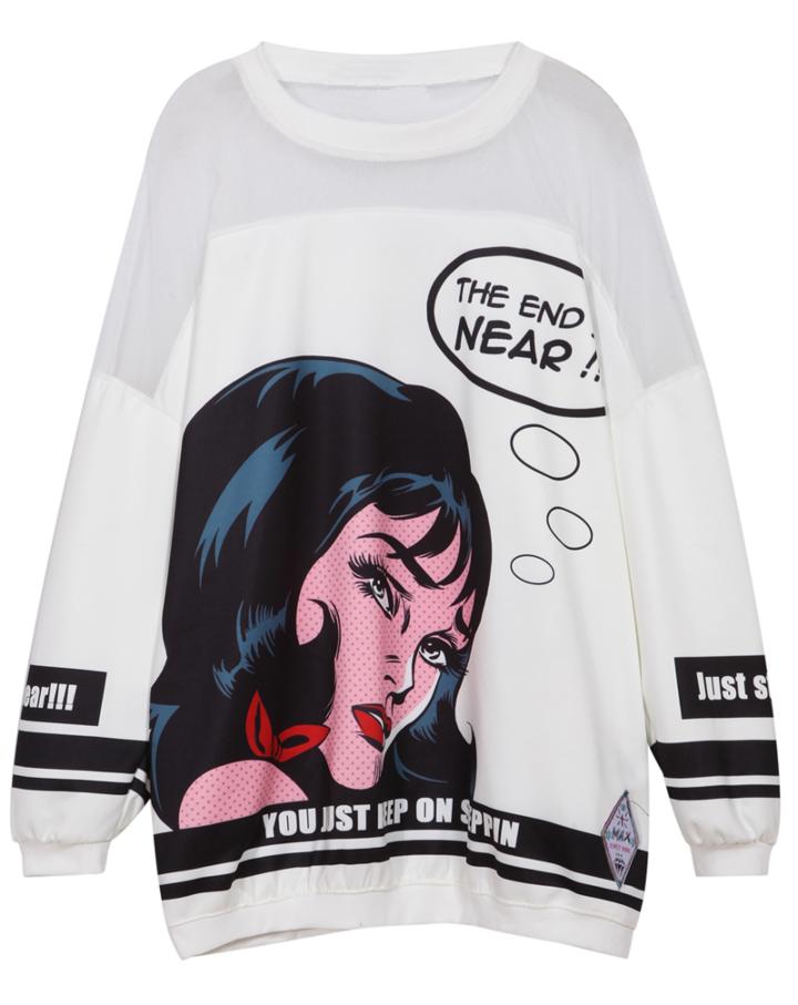 Romwe Sheer Mesh Beauty Print White Sweatshirt