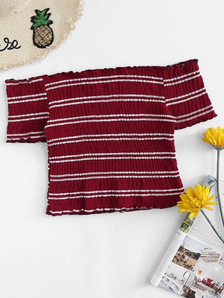 Romwe Off Shoulder Lettuce Trim Striped Top