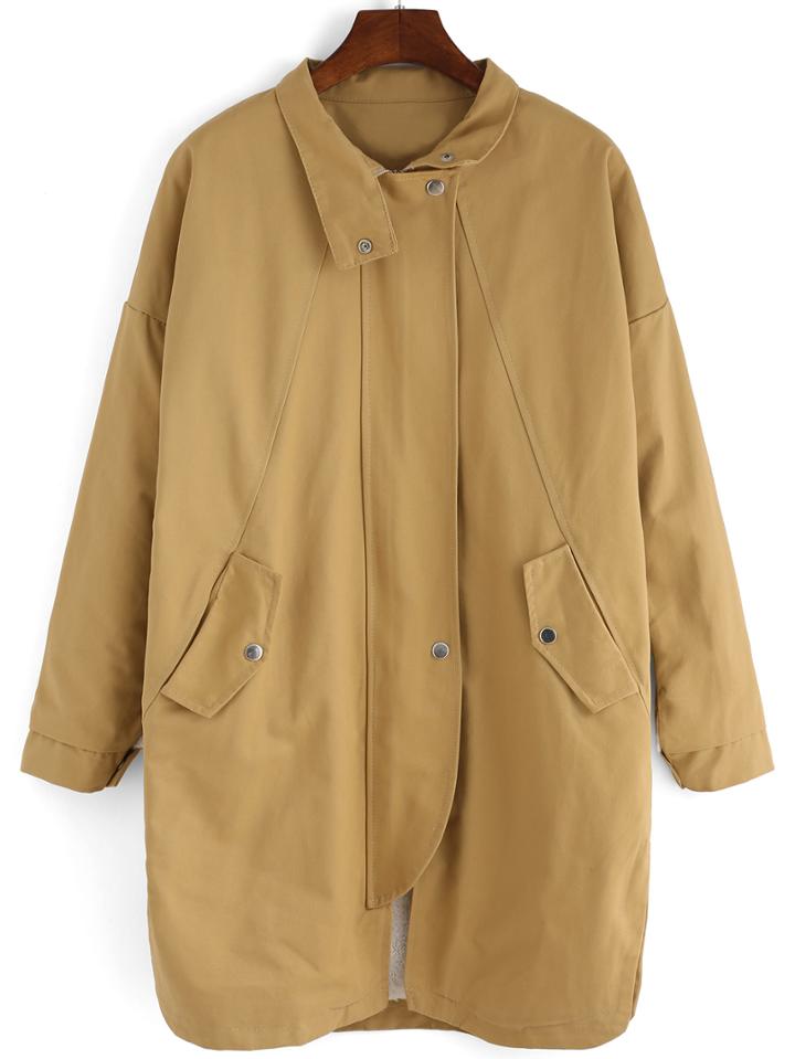 Romwe Stand Collar Zipper Pockets Loose Khaki Coat